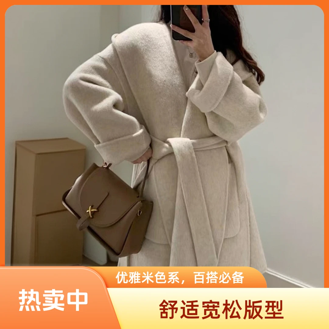 毛呢外套秋冬保暖连帽米色女装毛呢网红轻奢时尚舒适百搭气质女士