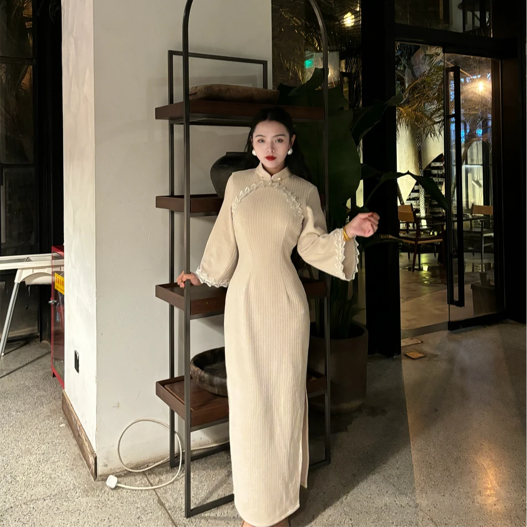 LHMknk1画报夫人原创自制秋冬厚款雪尼尔旗袍蝴蝶旗袍白梦女