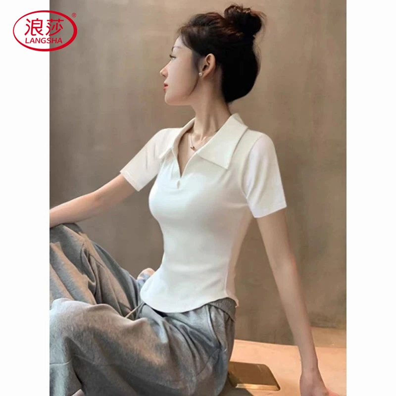 浪莎2025新款秋季黑色Polo领短款长袖皱设计感小众修身上衣打底衫