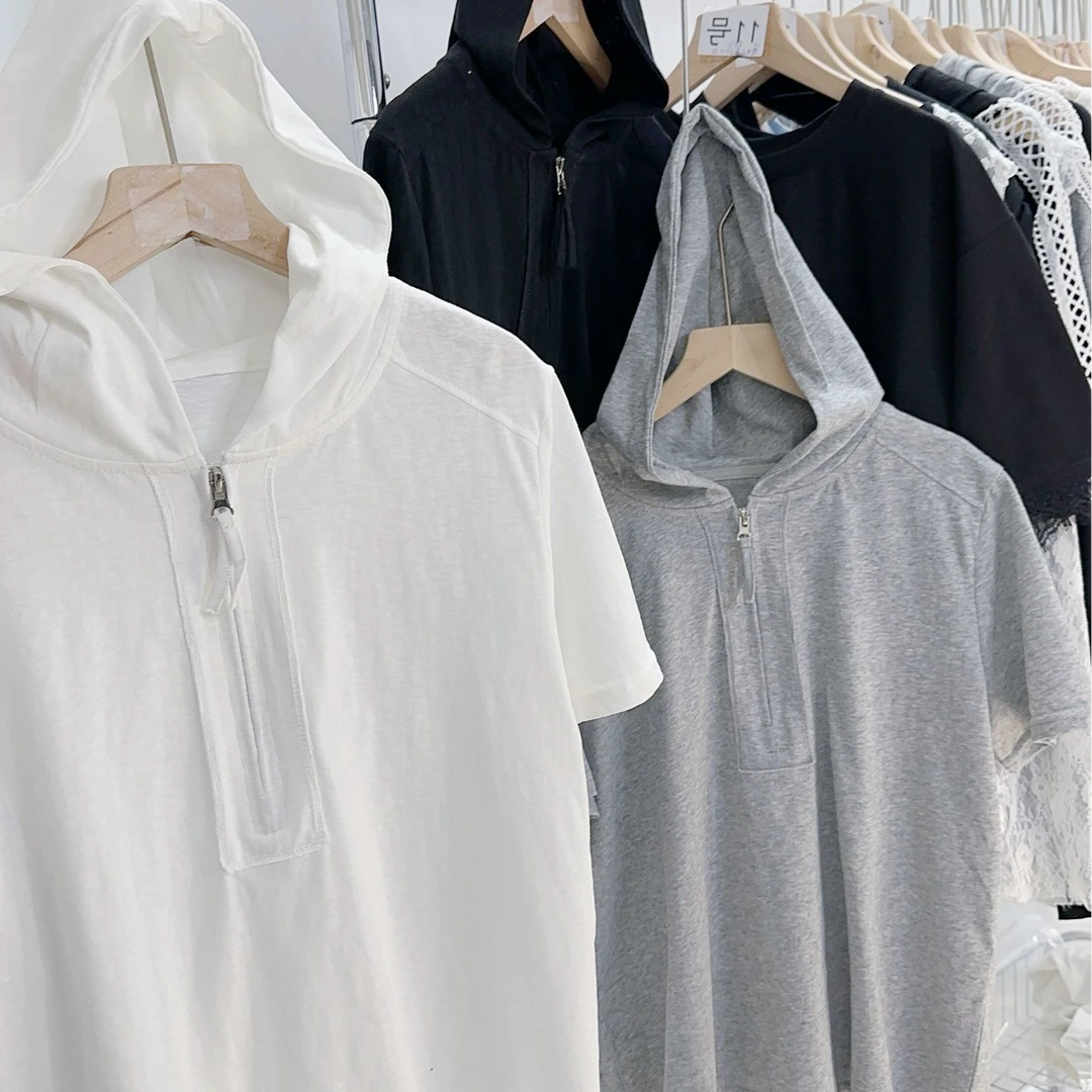 半拉链带帽T恤短袖网红潮款休闲韩版女装宽松oversize 9158
