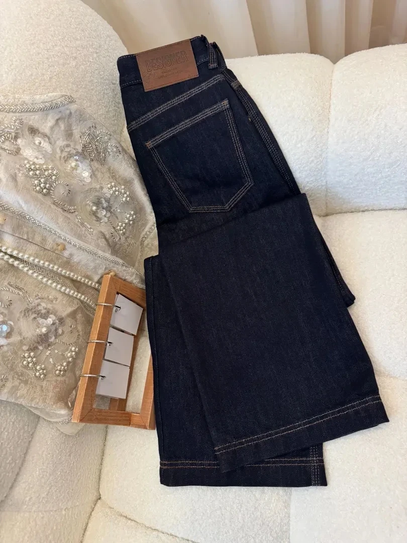 丹宁蓝三本针阔腿牛仔裤女士2025新款显瘦高腰休闲裤窄版直筒裤