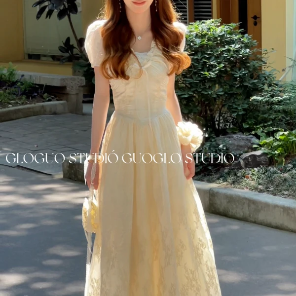 【月光白栀】夏季少女纯色刺绣蝴蝶结长裙收腰显瘦连衣裙