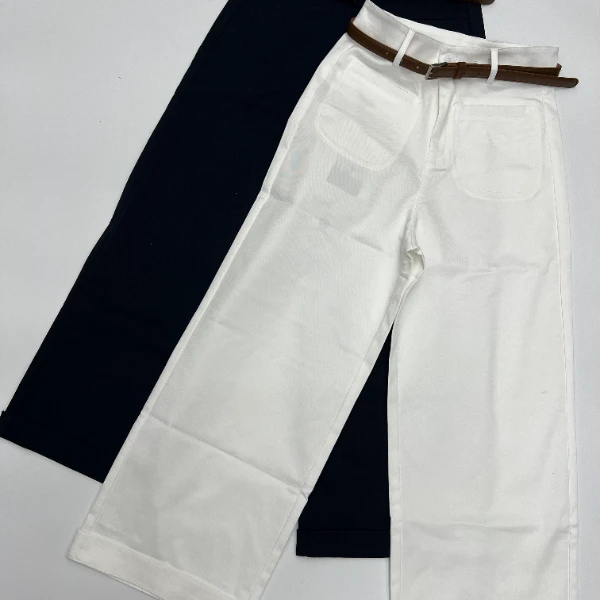 【红红家】春季新款欧货休闲高腰卷边腰带阔腿九分裤时尚百搭气质