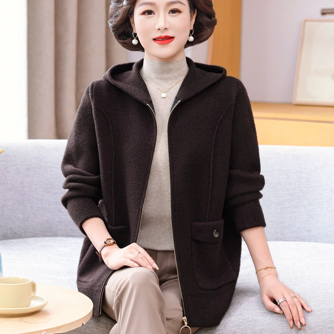 中年妈妈秋装连帽外套2025新款中老年女春秋毛呢拉链夹克上衣外套