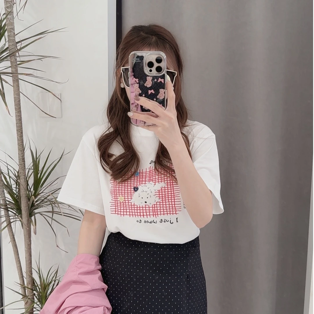 ouran 夏季新款G1222百搭显瘦小狗纽扣印花T恤