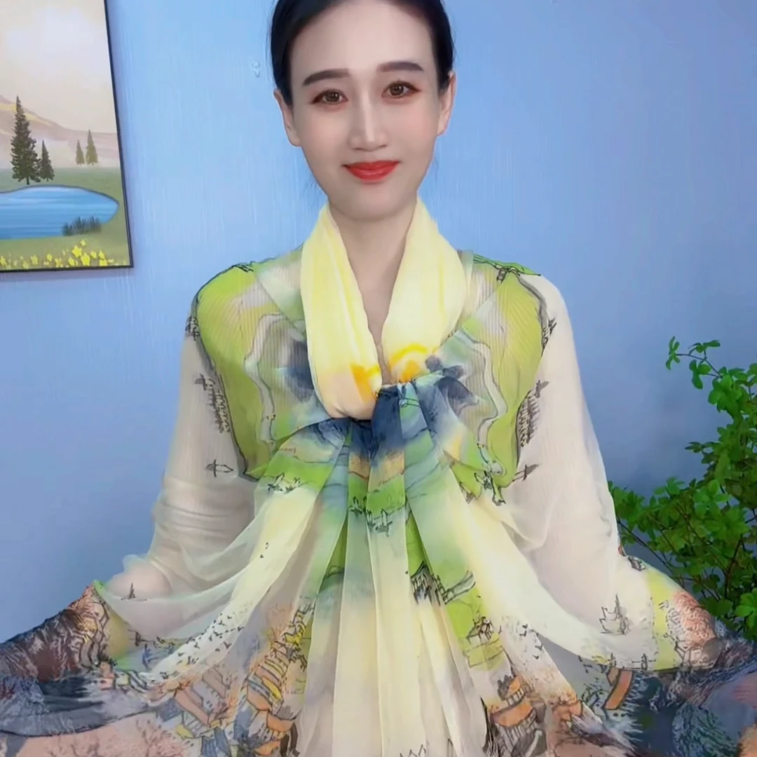 DD鳄鱼皱丝巾135x180【世外桃源图】四季夏季沙滩巾时尚百搭丝巾