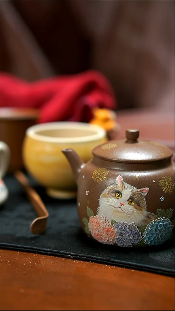 茶壶紫砂笑**湖描金绣球花猫咪壶