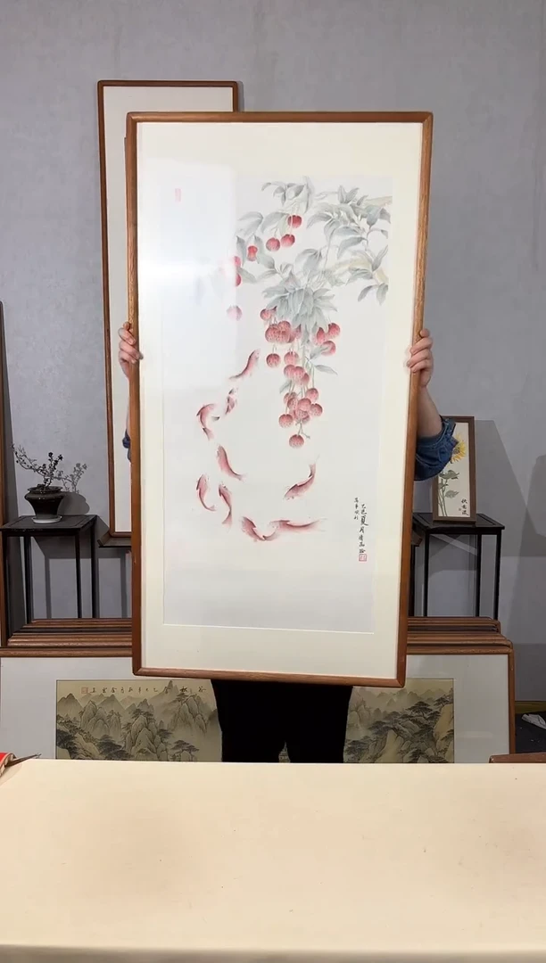 国画手绘*万事顺利（九鱼图）*62*122cm带框发货