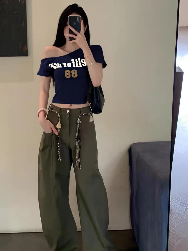 美式复古辣妹斜肩数字印花短袖T恤女2025夏季新款宽松百搭上衣潮