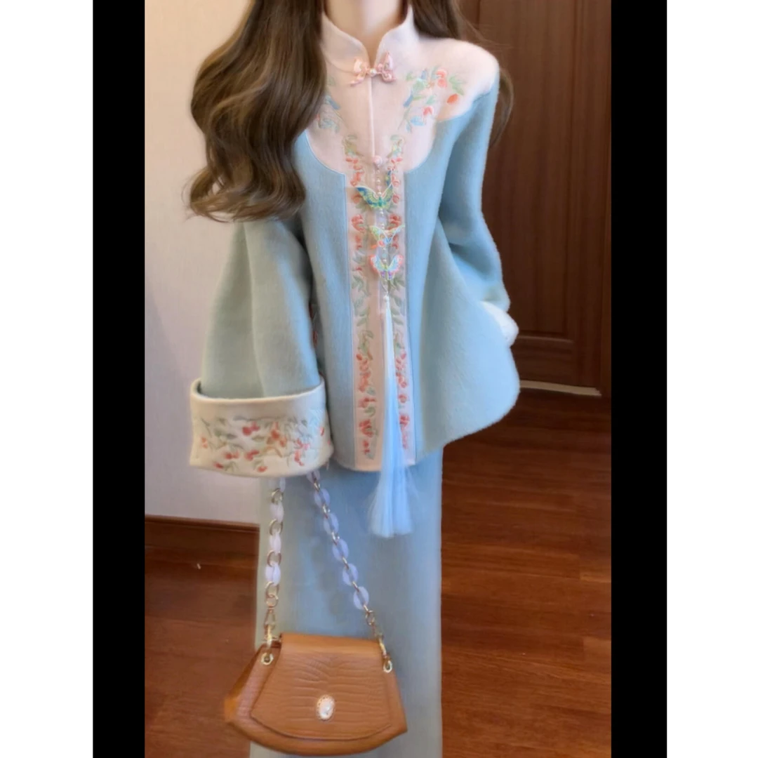 2025冬季新款时尚复古新中式国风毛衣大衣外套搭高腰半身裙套装女