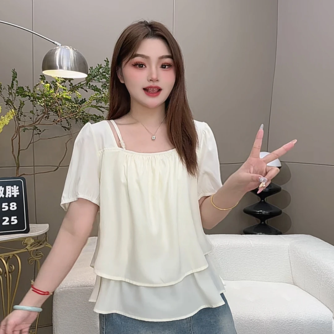 2025夏季新款胖mm法式洋气方领短袖T恤女设计感娃娃衫遮肉上衣