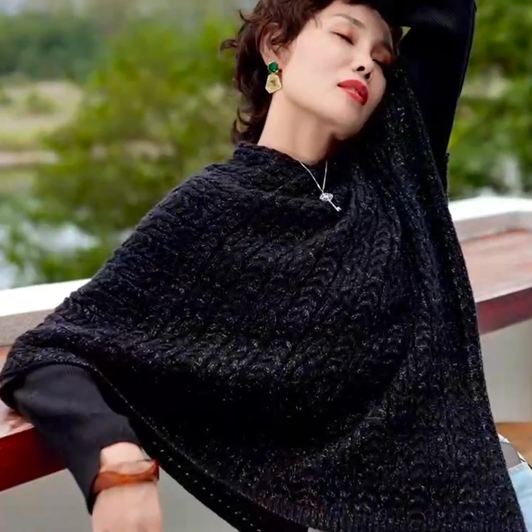 时尚流行百搭中长款宽松不规则无袖毛衣外套斗篷罩衫秋冬低领披肩