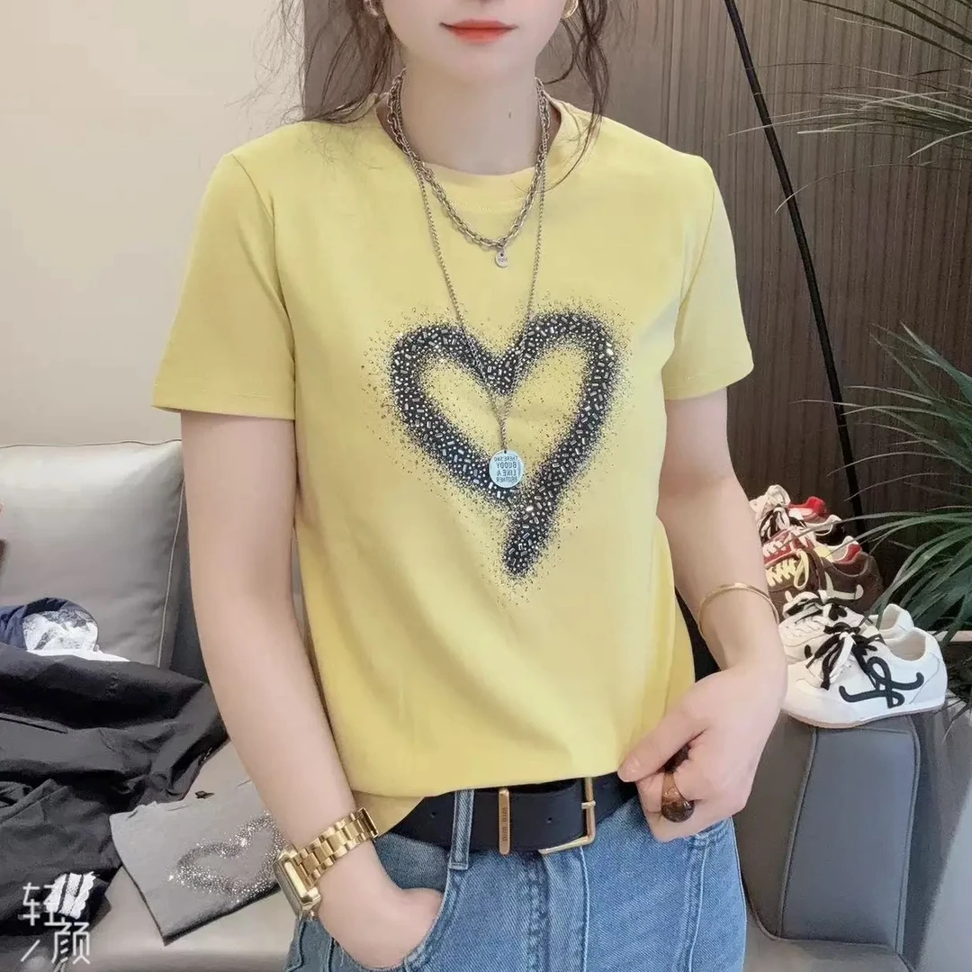 设计感爱心烫钻短袖T恤女2025春夏新款时尚百搭显瘦圆领上衣小衫
