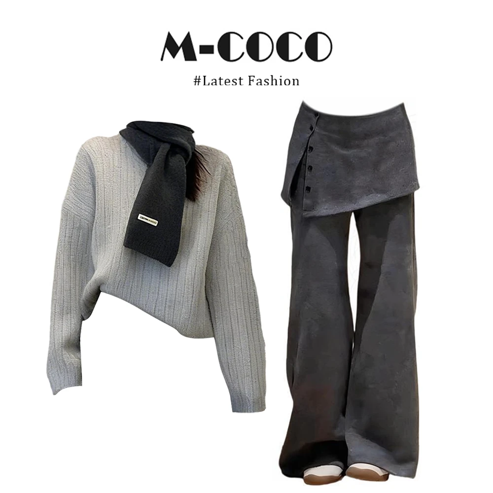 INS CEC韩系慵懒风灰色麻花针织衫毛衣百搭假两件裤子秋季套装