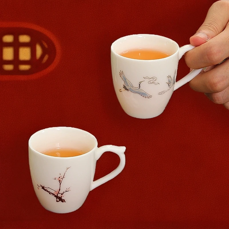 陶瓷茶杯德化白瓷对杯品茗杯防烫有耳泡茶杯茶盏带把茶杯蝶办公室