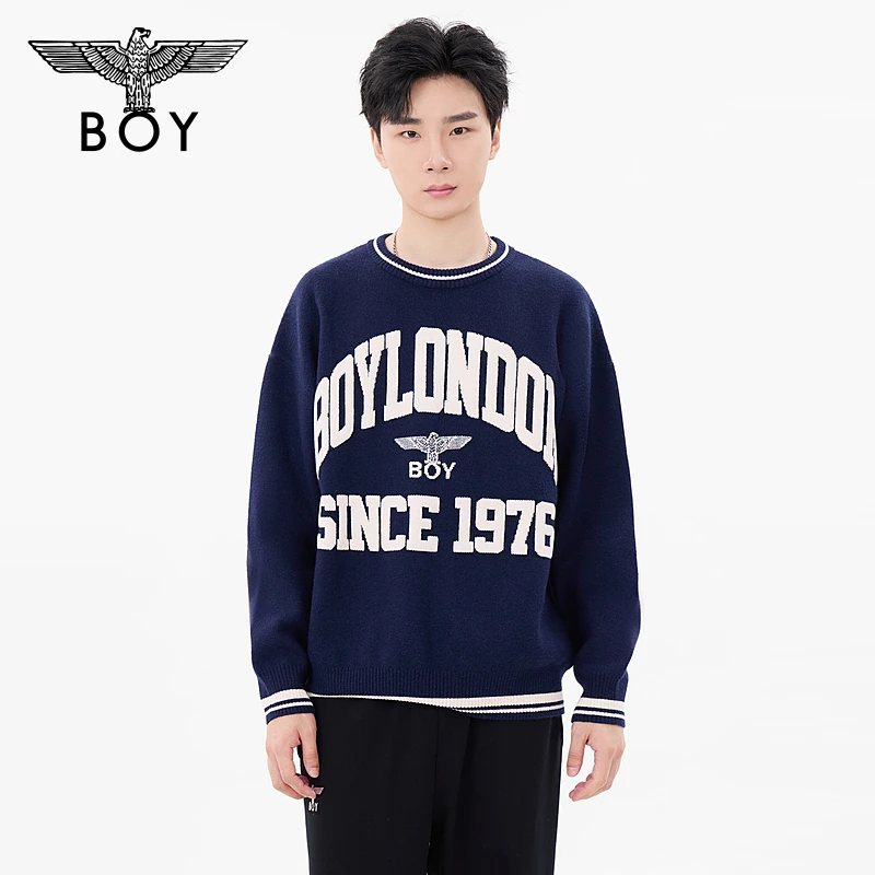 BOYLONDON秋冬24新品男女同款学院风撞色时尚圆领套头毛衣N60013