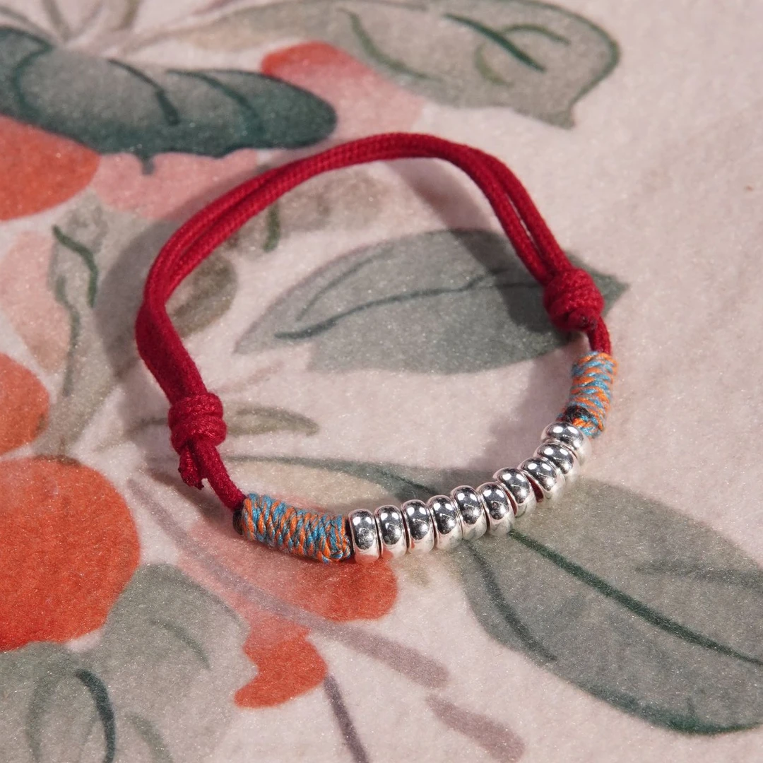 足银手链 苗人匠银坊 传统民族风 红绳实心盘缠手串