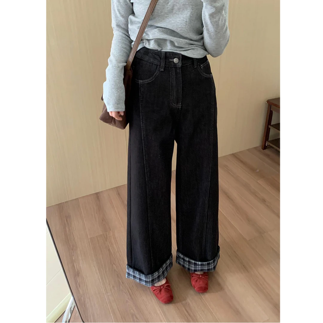 黑色抓毛款格纹卷边撞色设计感阔腿牛仔裤女春季新款宽松垂感裤子