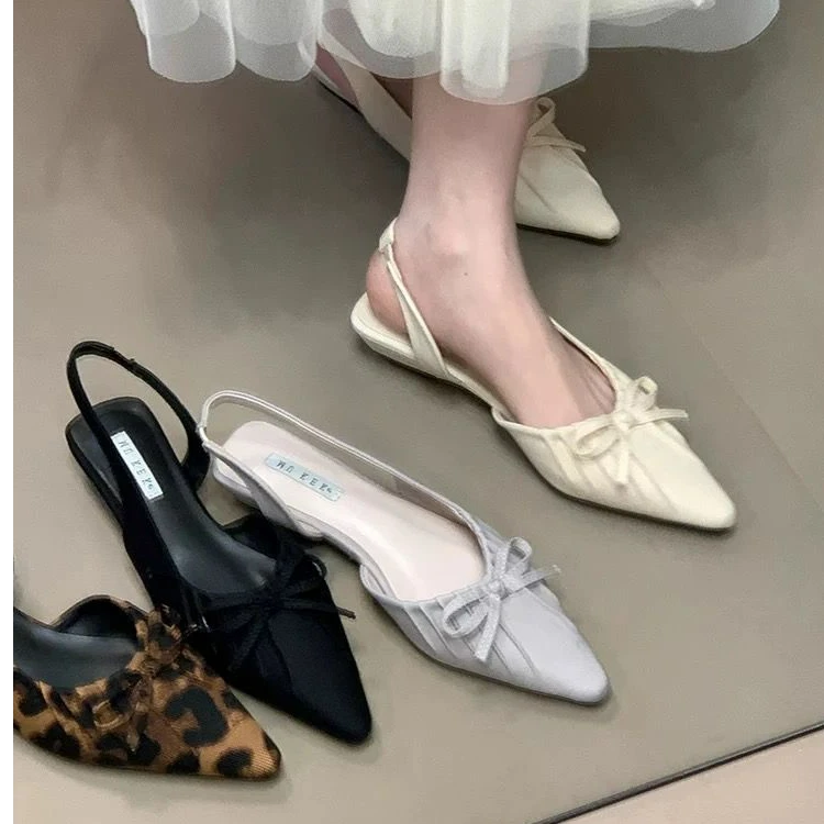 时髦尖头皱褶蝴蝶结包头凉鞋女2025春夏韩版一脚蹬后空单鞋配裙子