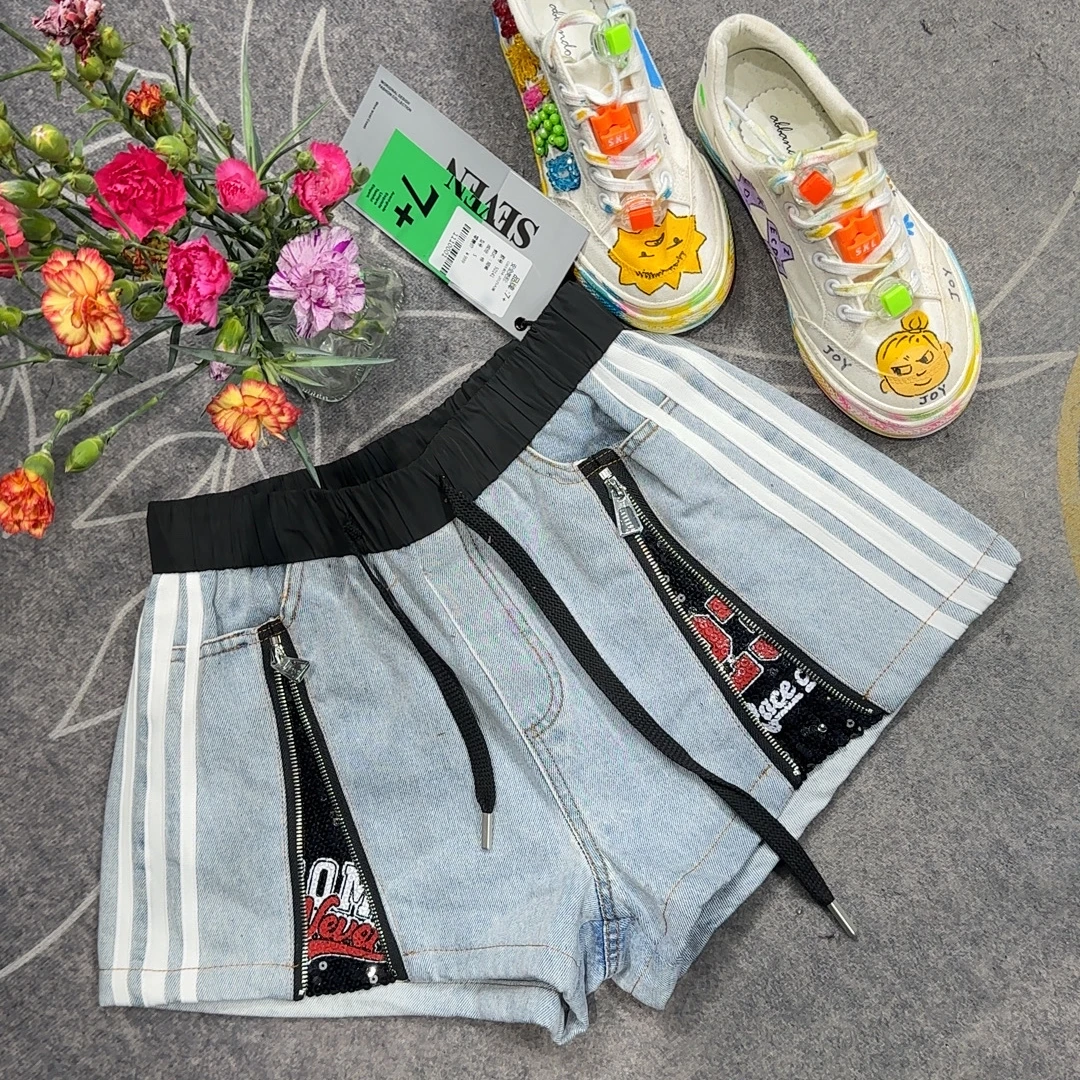 LY家50141#7+ 拉链设计蕾丝拼接松紧腰宽松休闲百搭牛仔短裤