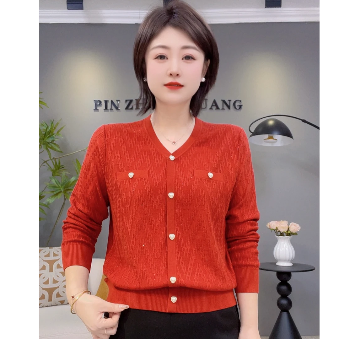 2025秋冬新款V领提花工艺高档天丝长袖小衫37166