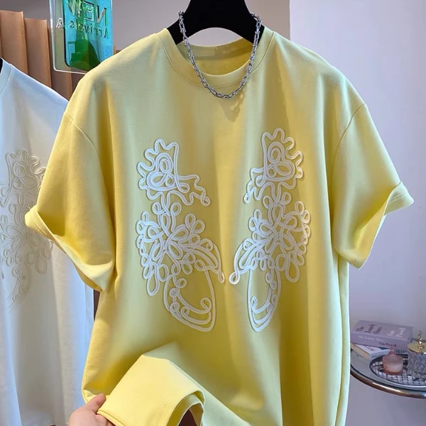 【雕花】夏季新款设计感立体花朵T恤洋气潮流显瘦百搭短袖Y9390