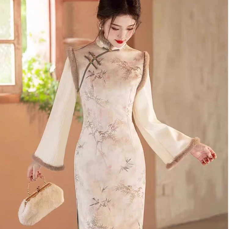 恬子梦 T646 冬季新款  粉竹  裙长120 加绒加厚长袖旗袍