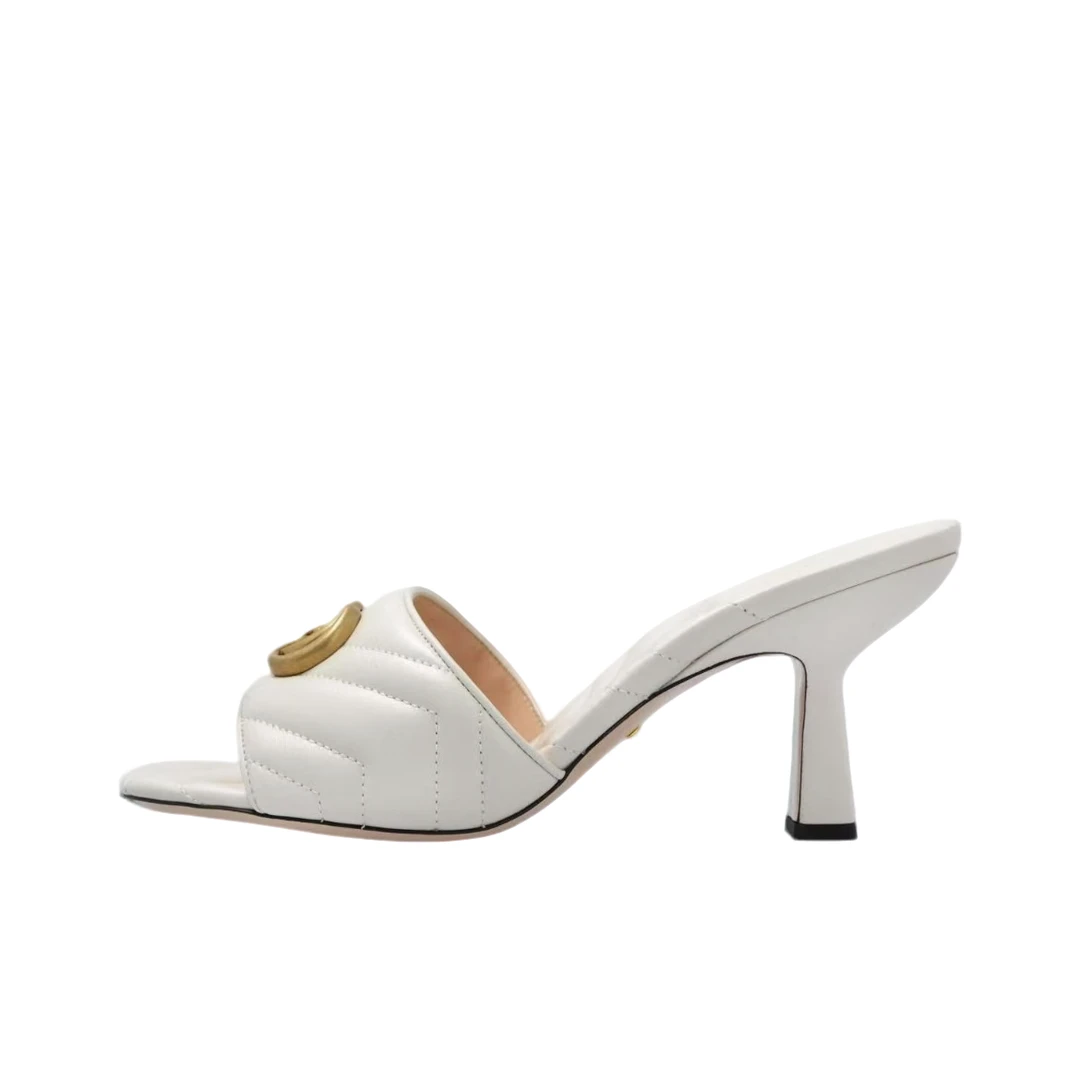 未使用 GUCCI/古驰 女款白色双G金属扣 皮面时尚高跟夏季凉拖皮鞋