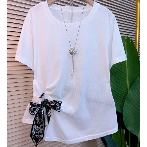 欧货时尚简约圆领薄款系蝴蝶结正肩洋气设计感极简风百搭衫