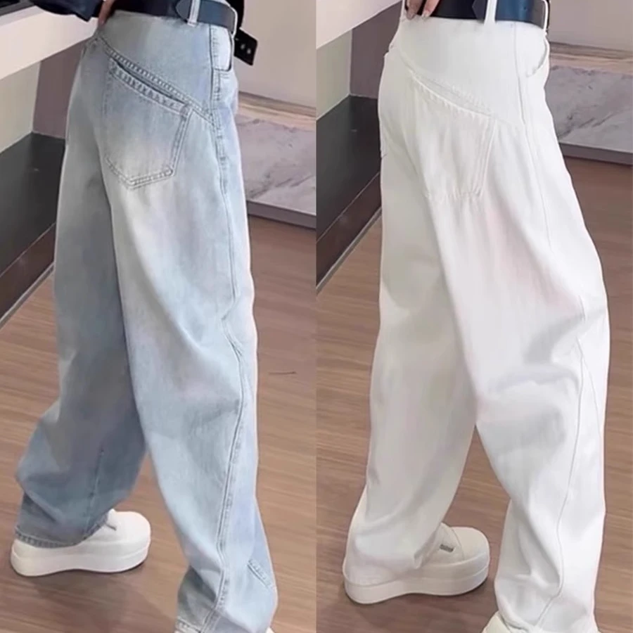 大码复古弯刀牛仔裤女春秋胖mm梨形身材宽松高腰显瘦直筒阔腿裤子