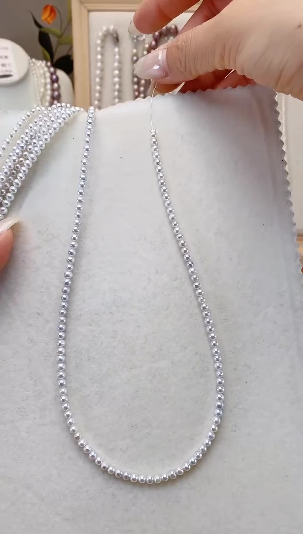 【闪购商品】淡水珍珠颈饰银S925镶嵌银灰小米珠项链 3-4MM