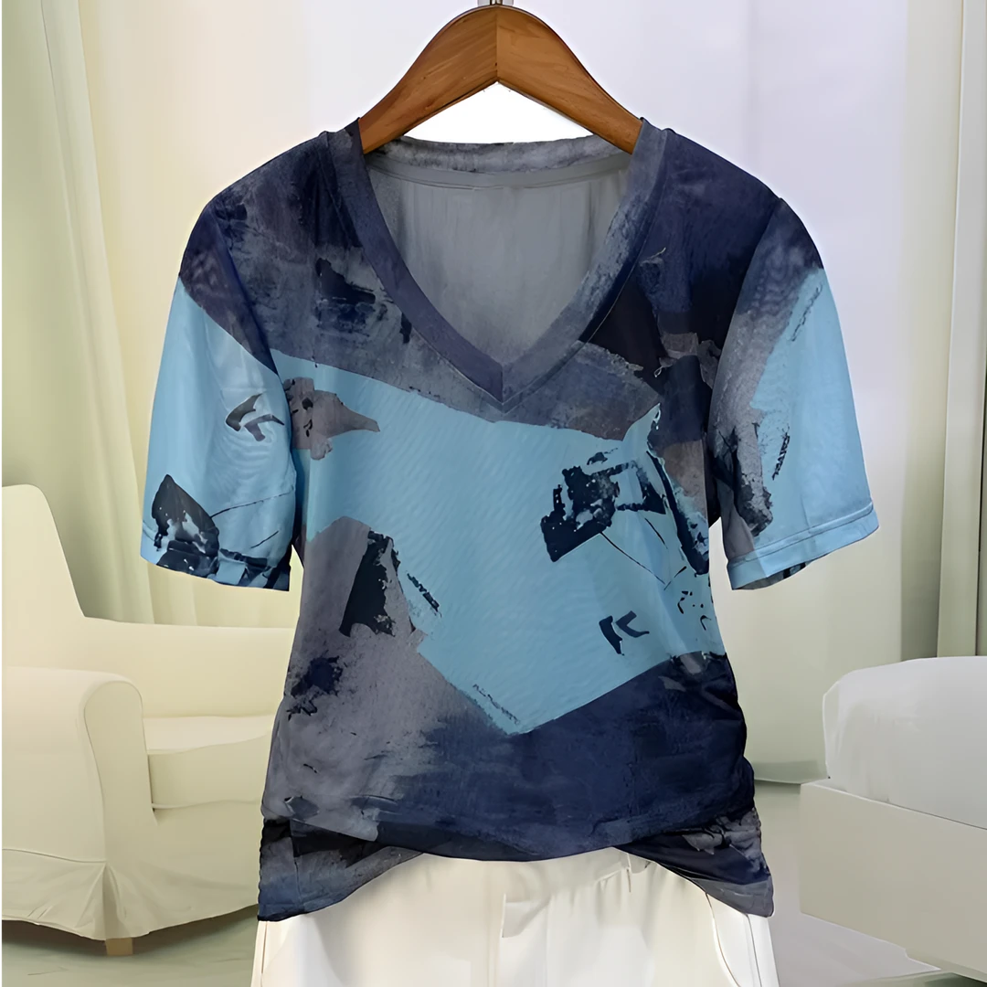 夏季时尚潮流水墨画气质V领短袖印花百搭休闲网纱女打底上衣1622#