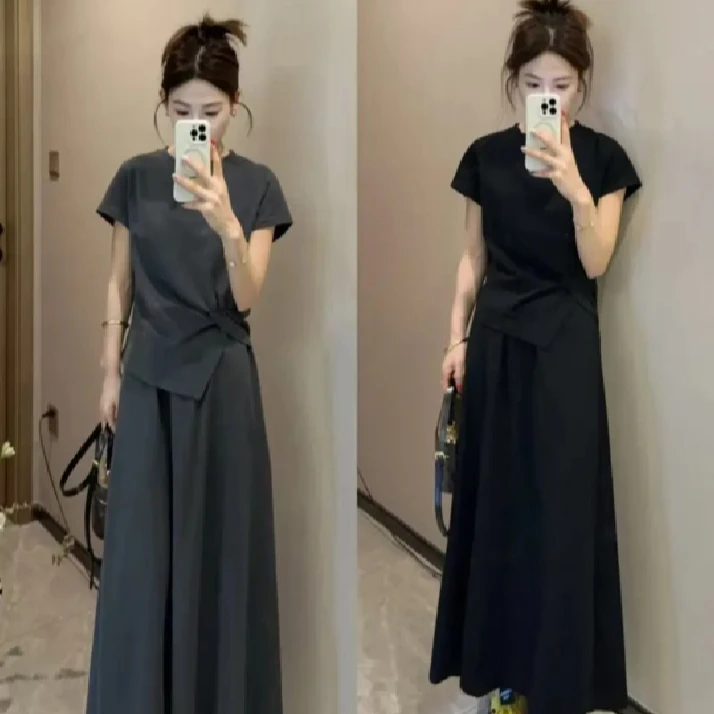 5119欧洲站高端气质休闲套装女士2025夏季新款短袖半身裙两件套