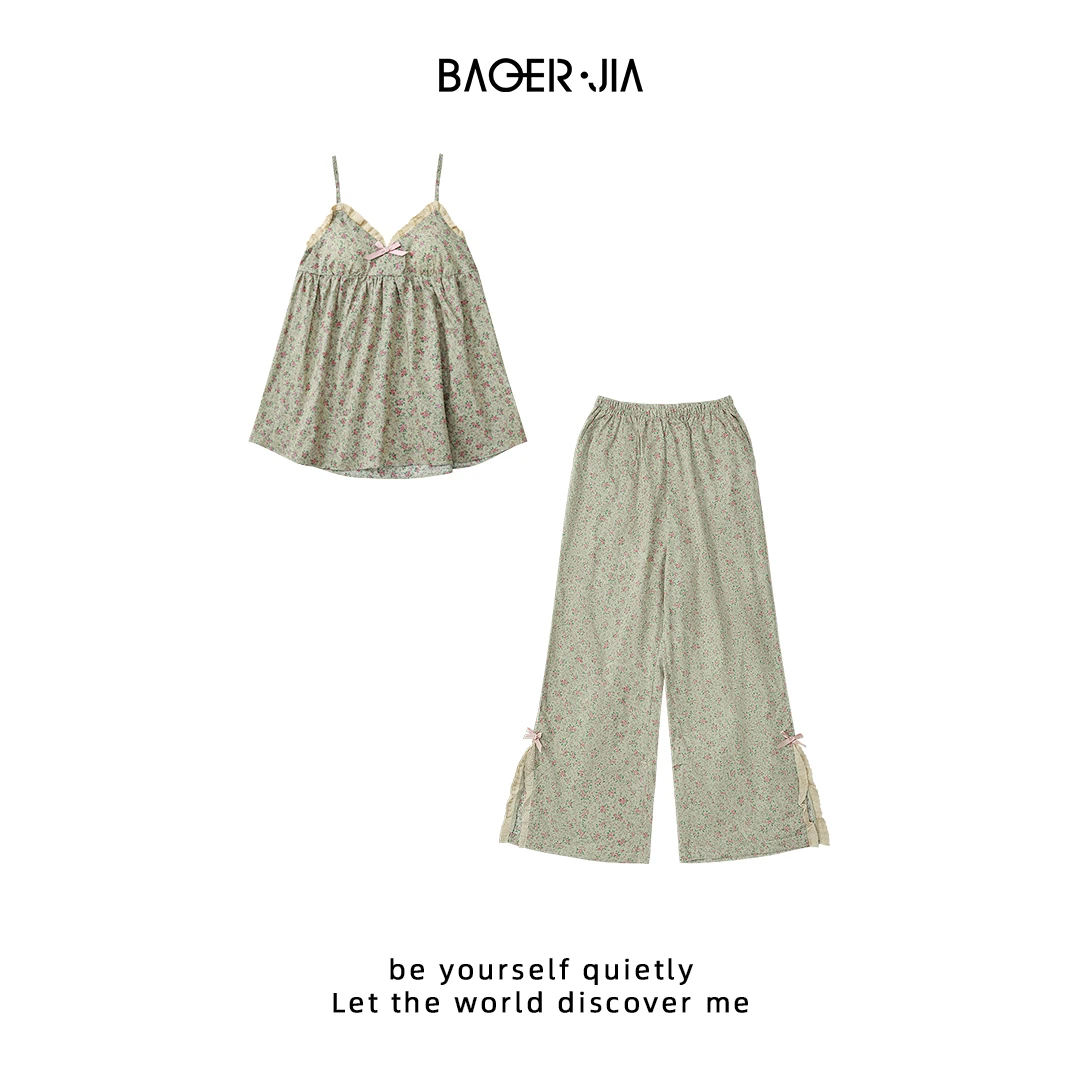 29-宝儿家含幂BF60425104春夏新款小碎花拼接蕾丝边睡衣上衣裤子