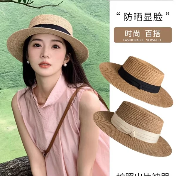 2025新款法式平顶草帽女大头围海边沙滩礼帽编织防晒太阳帽子夏季