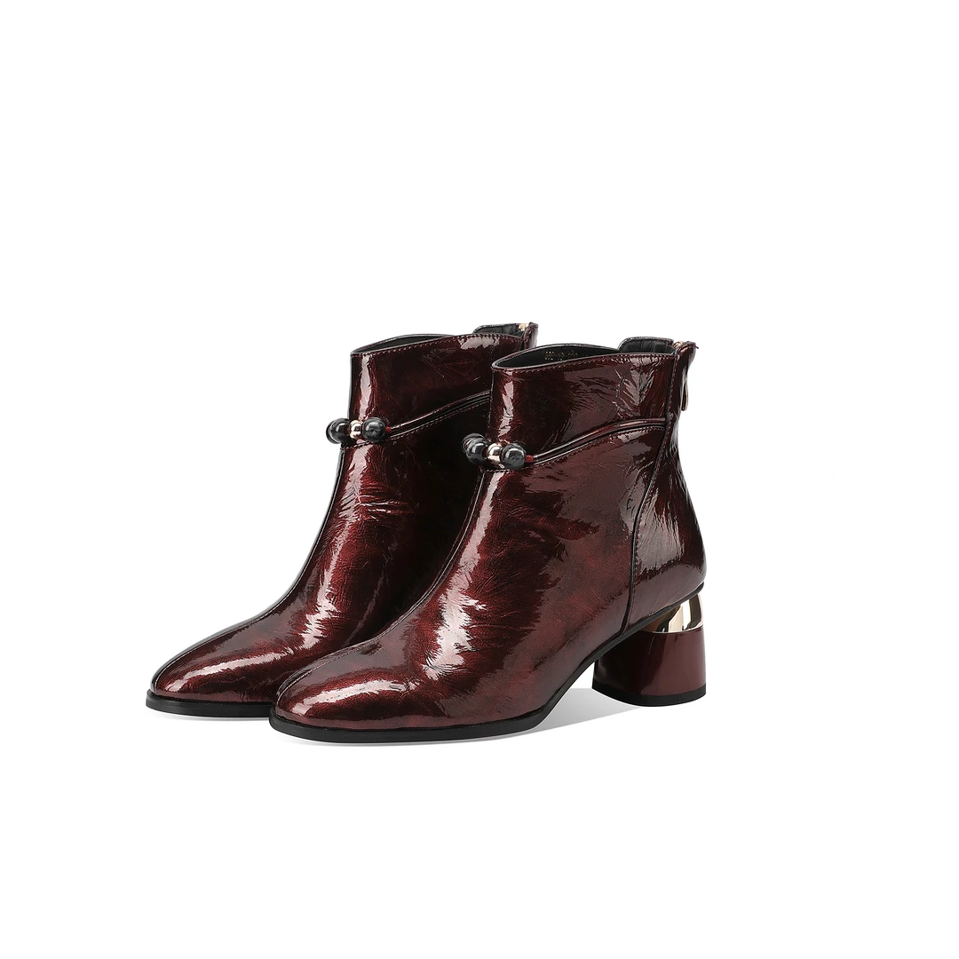 中跟真皮短靴女粗跟2025新款百搭酒红漆皮春秋单靴大码秋冬女靴