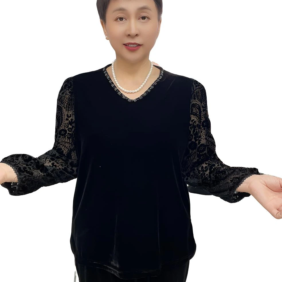 高档爆款中老年丝绒妈妈打底小衫烧花上衣宽松洋气新款大码显瘦