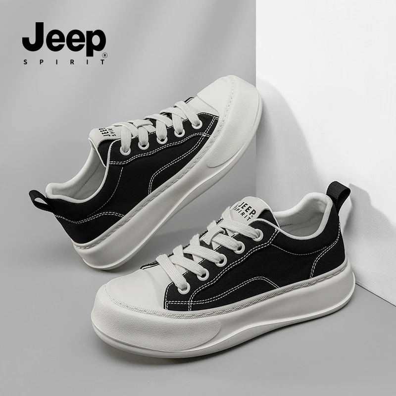 JEEPSPIRIT吉普休闲男士黑色厚底帆布鞋男鞋秋季透气男小白鞋春季