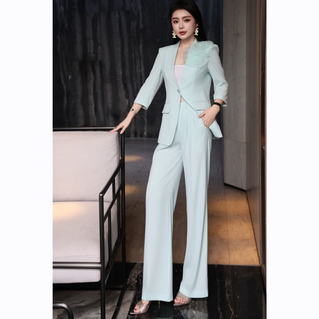ZEROYK高定职业装女2025夏季名媛气质花朵收腰西装阔腿裤两件套