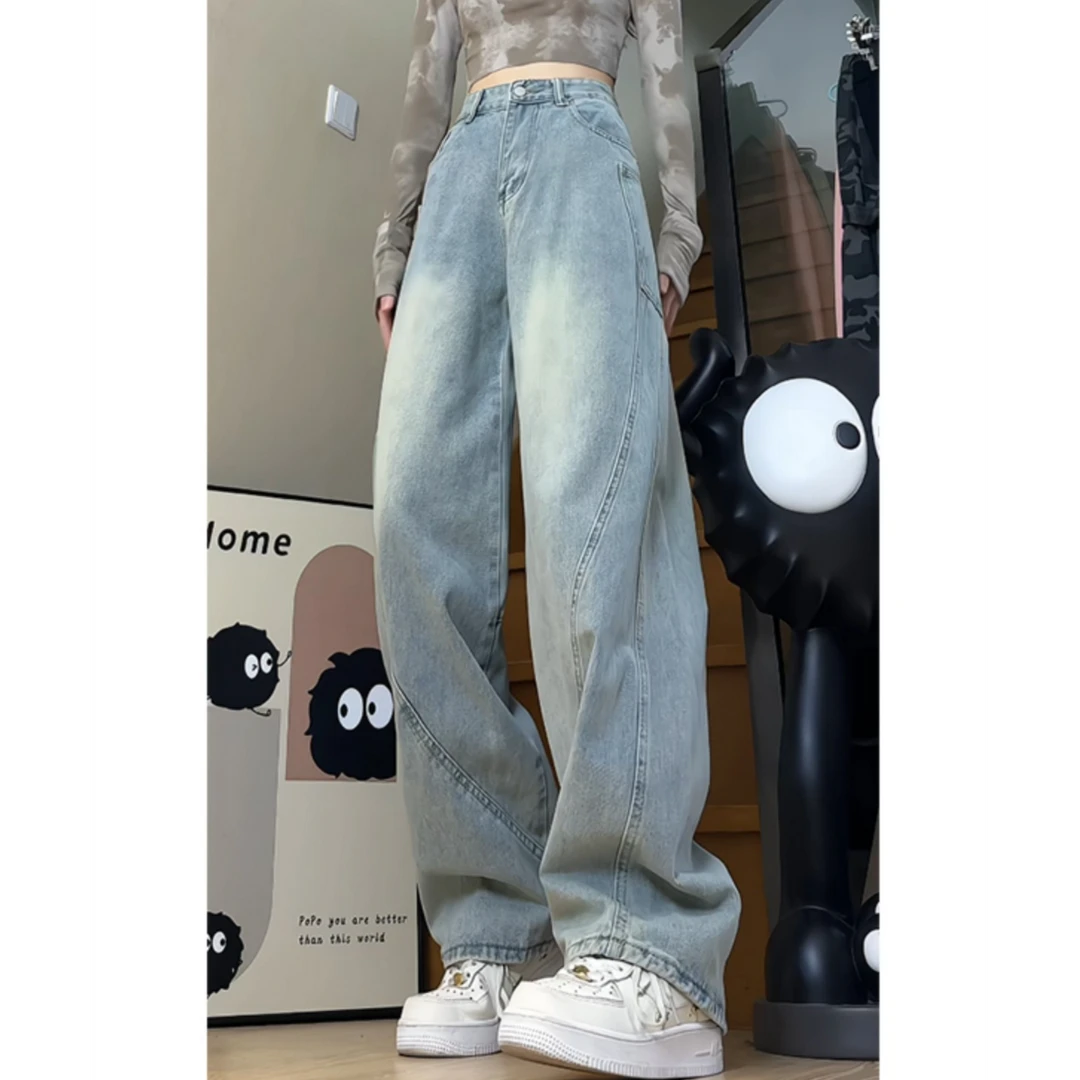 中性风穿搭高街牛仔裤男春秋季宽松弯刀阔腿裤拼接设计感休闲长裤