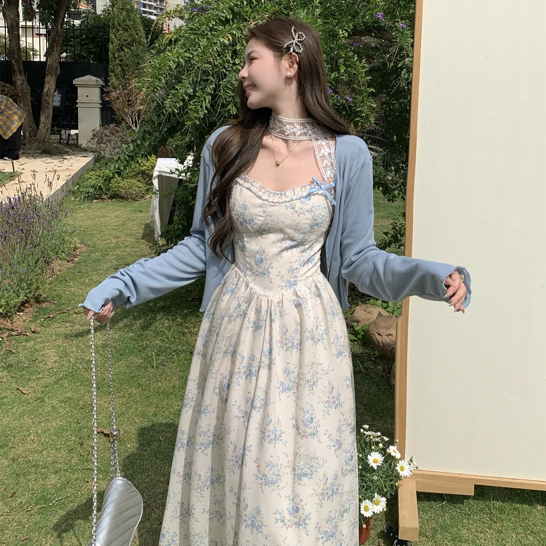 【运费补贴】大码微胖法式复古印花吊带裙高腰显瘦长裙开衫两件套