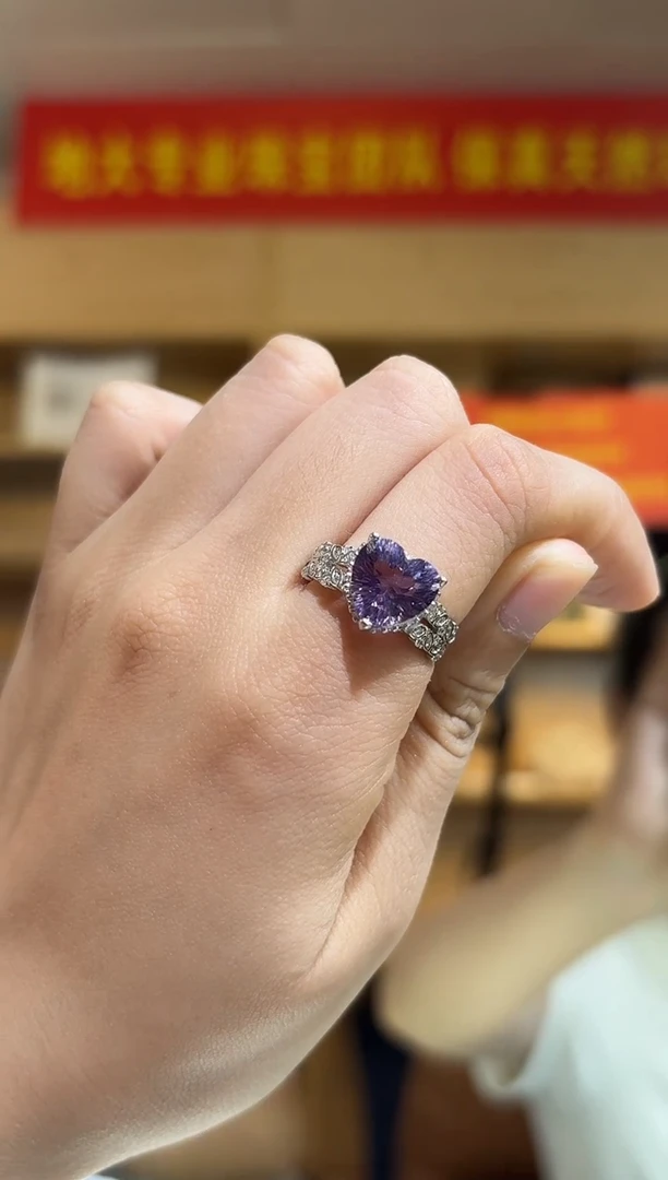 银S925镶嵌戒指水晶10mm天然紫水晶爱心戒指多样性发一