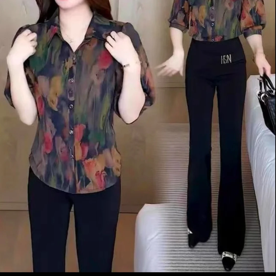 【母亲节】烟雨牡丹高档衬衫女妈妈印花七分袖打底衫气质遮肚子上衣