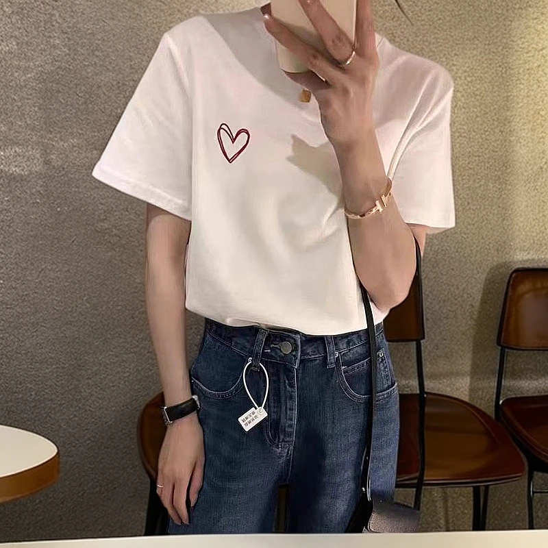 圆领显瘦短袖白色正肩刺绣T恤女夏季百搭纯棉简约透气纯色上衣