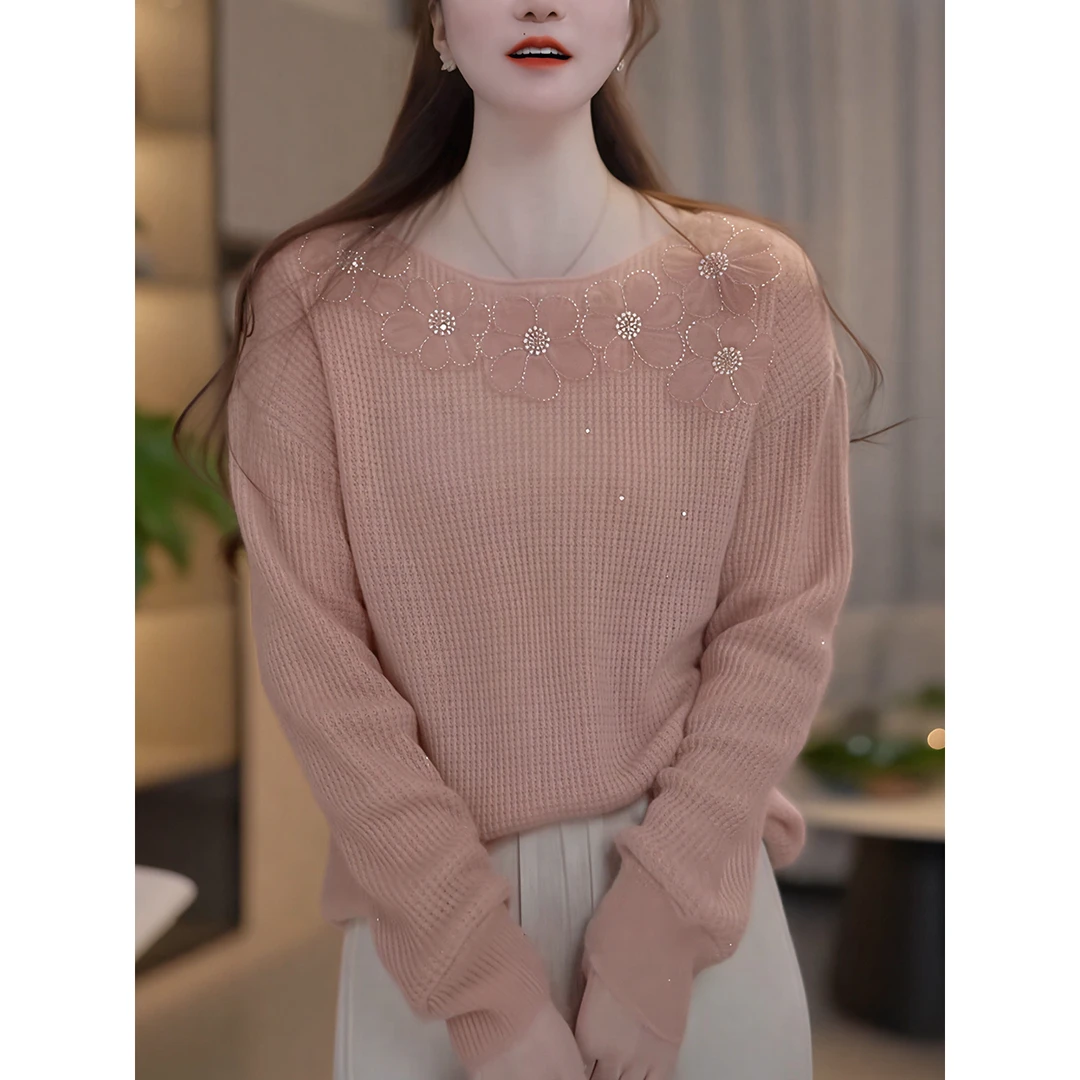 法式粉色针织套衫女2025早秋氛围感巨好看的宽松一字领精致小上衣