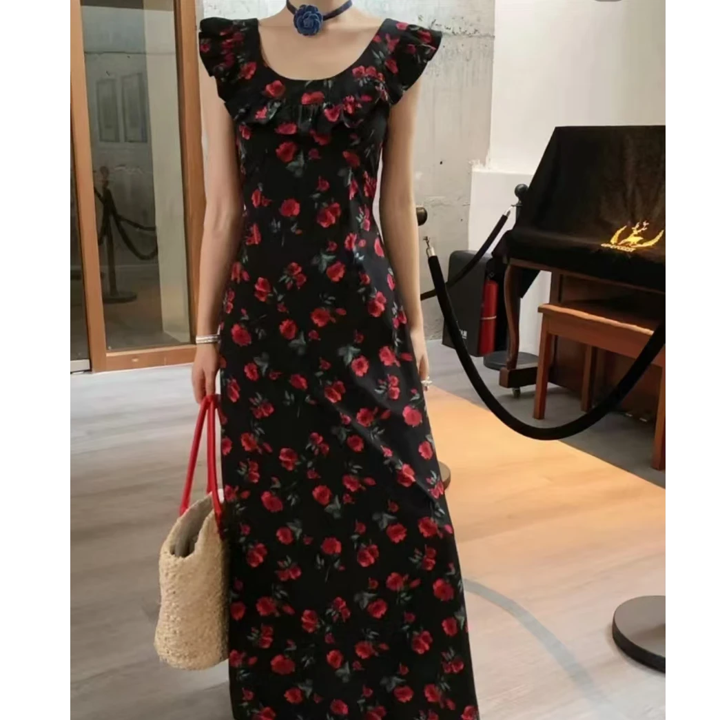 法式复古气质荷叶边露背显瘦茶歇碎花连衣裙