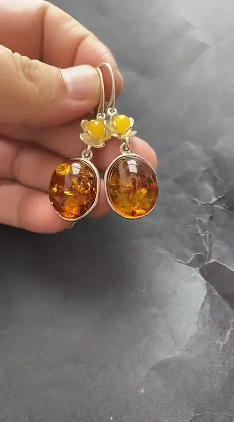 银S925镶嵌琥珀裸石花珀耳坠