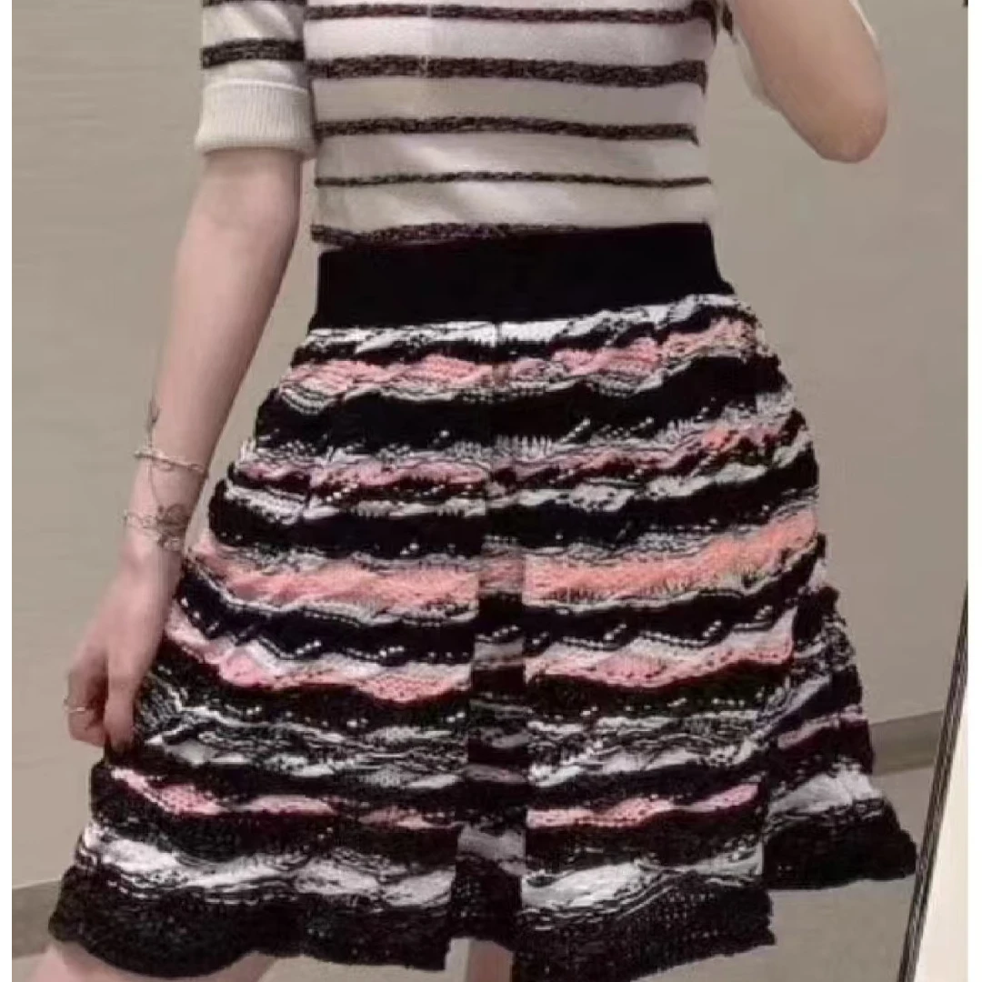 未使用 Chanel/香奈儿 编织纱网针织半身裙 粉黑白/36