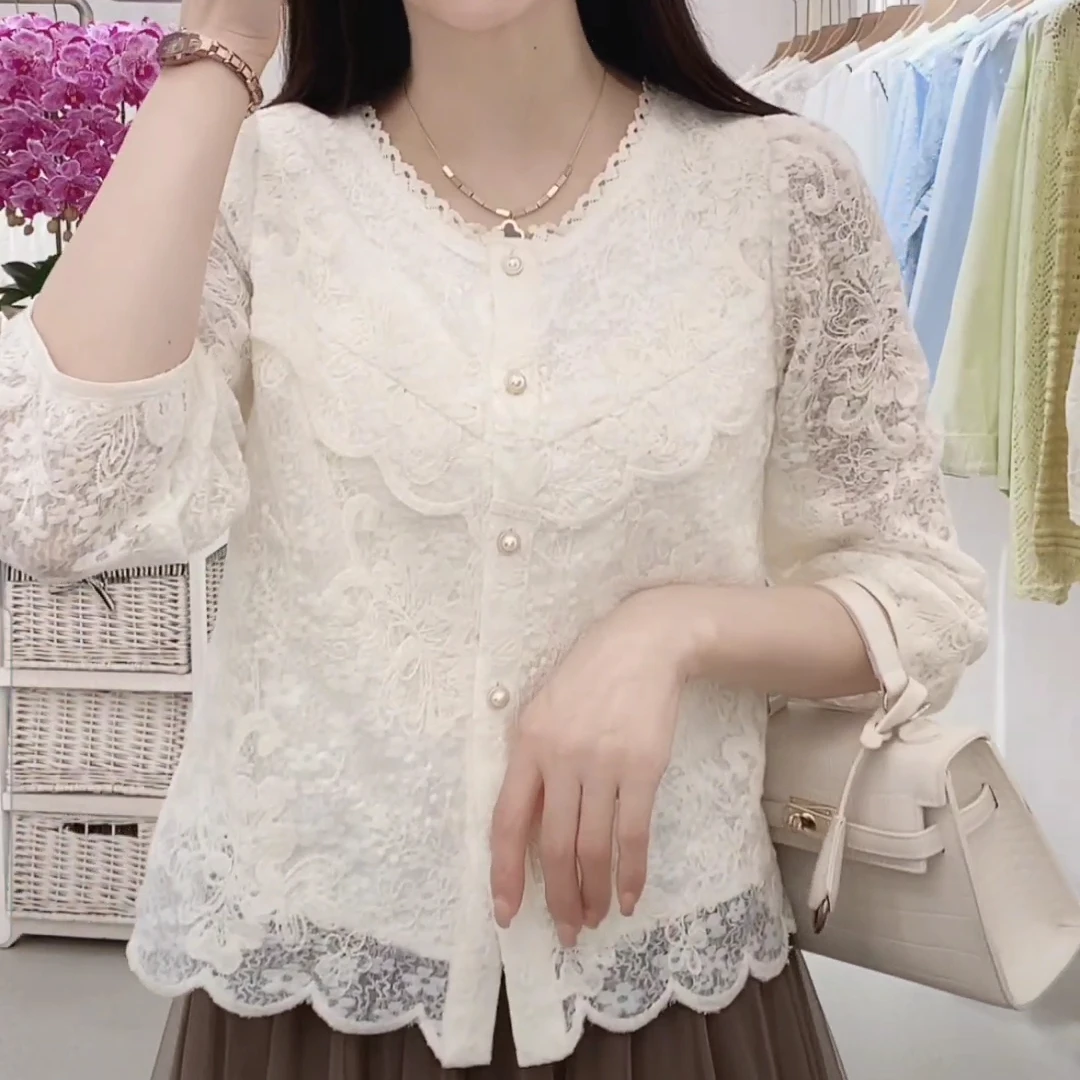 2025气质蕾丝衫雪纺衫蕾丝珍珠法式洋气上衣上衣小衫显瘦宽松薄款