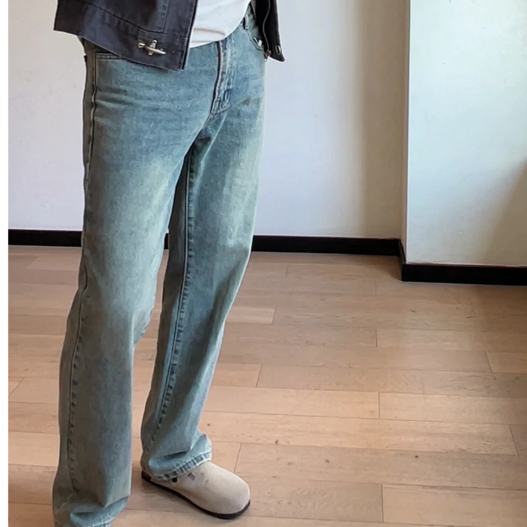 复古做旧休闲牛仔裤百搭水洗黄直筒牛仔裤